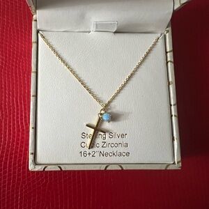 Sterling Silver Gold-Tone Cross Necklace with Blue Cubic Zirconia